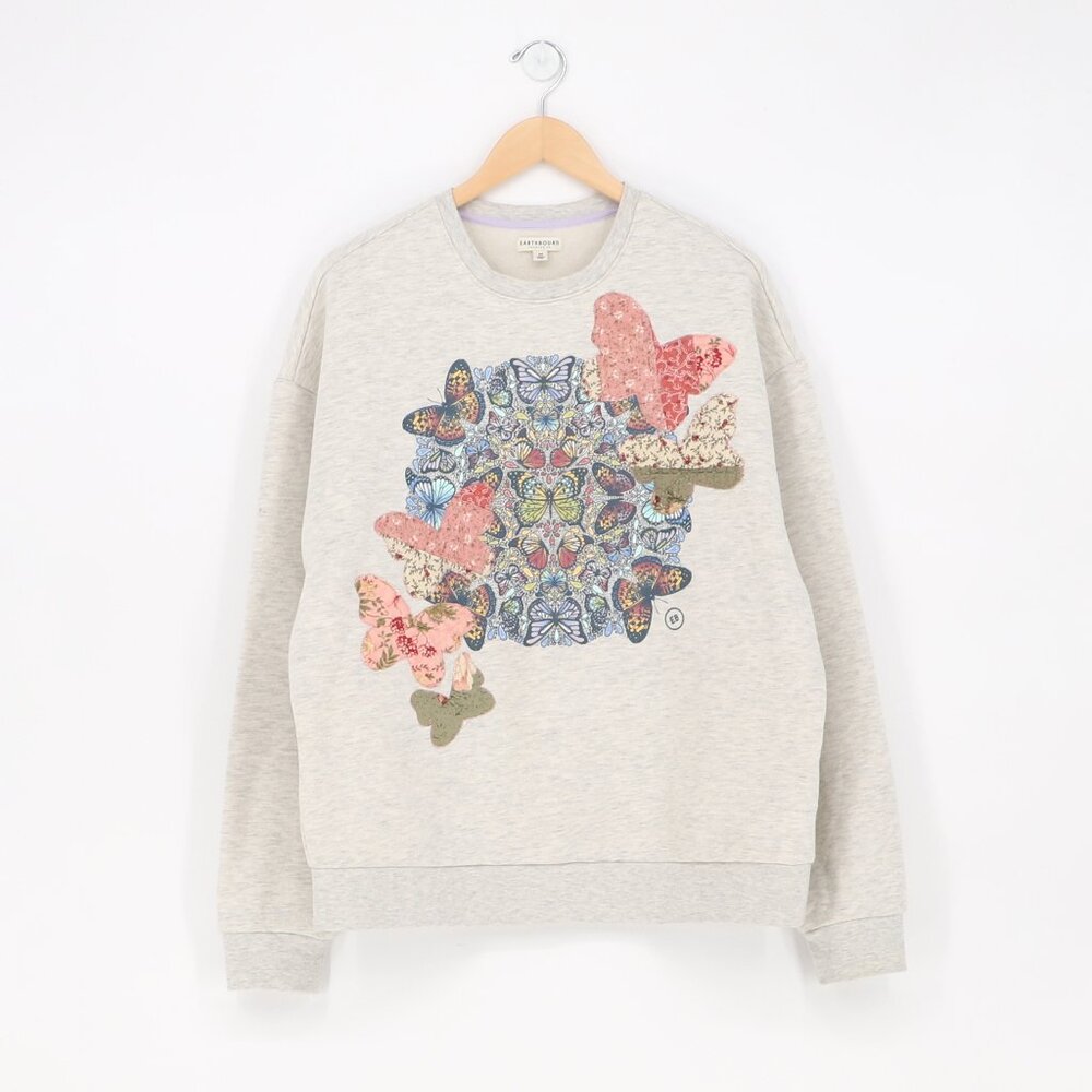 Upcycled Reworked Quilted Patch Butterfly Sweatshirt Light Gray